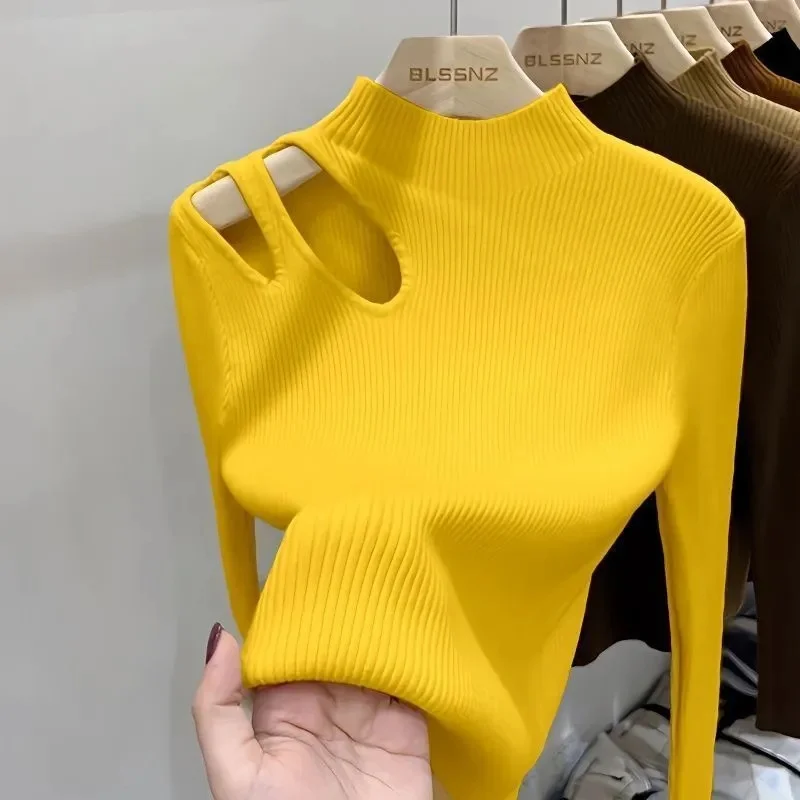 Turtleneck Solid Bottoming Shirt Sweater Hollow Out Long Sleeve Warm Jumpers Office Casual Sweater Women 2023 Fall Winter