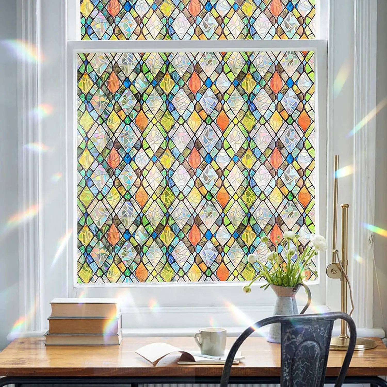 Rainbow Crystal Shards Stained Glass Window Privacy Film, Static Cling Non-Adhesive UV Sun Block Vinyl Tint for Home Room