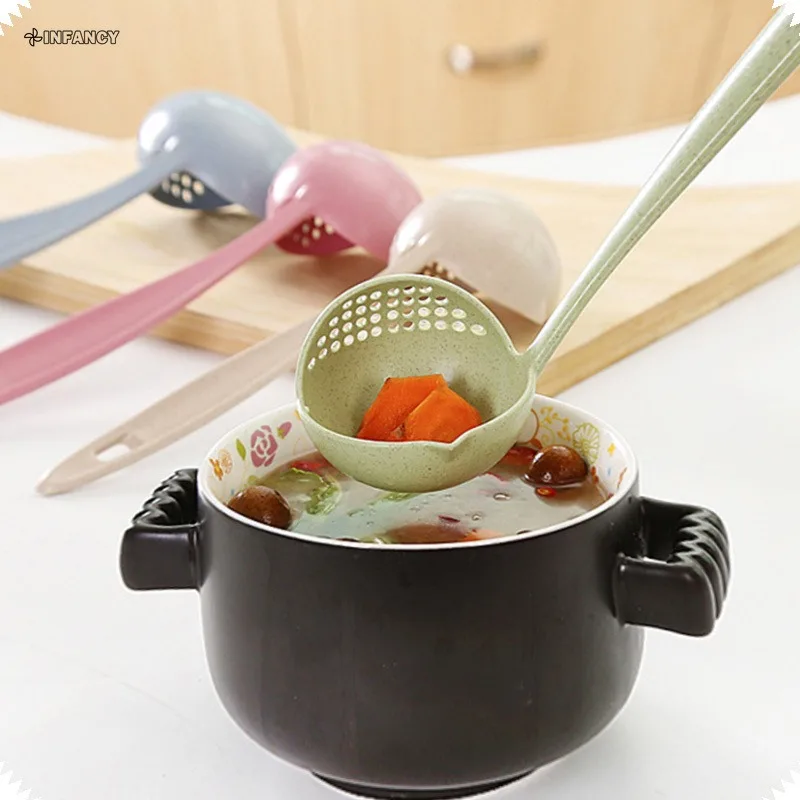 Kitchen Soup Spoon Long Handle Kitchen Strainer Solid Color Cooking Colander Kitchen Scoop Plastic Tableware Colander Hot