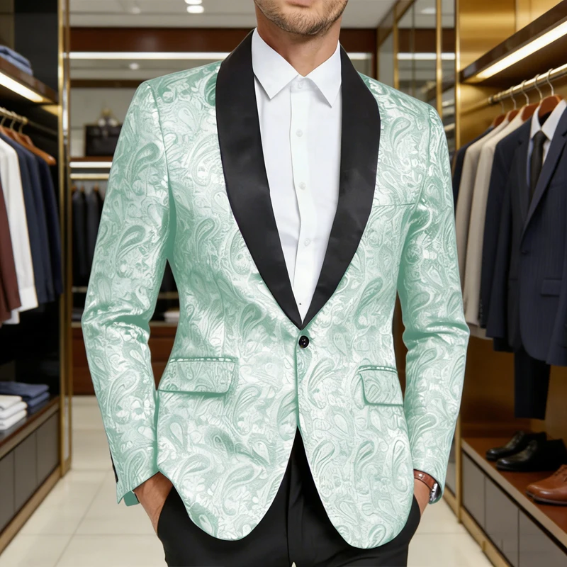 

Men's Shiny Paisley Jacquard Tuxedo Blazer Slim Fit Shawl Lapel One Button Formal Prom Jacket for Wedding Groom Party