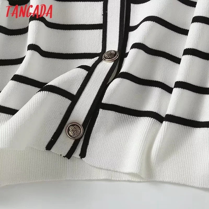 Tangada 2024 Women Striped Crop Knit Cardigan Sweaters Short Sleeve Female Outerwear 4C413