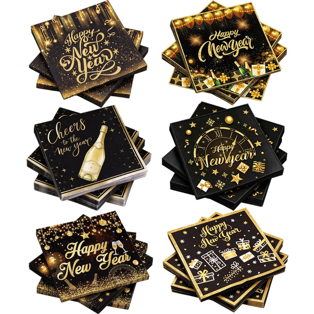 20-100pcs Happy New Year Paper Napkins Black Gold Disposable Cocktail Tissues 2027 New Year Eve Party Table Decor Supplies