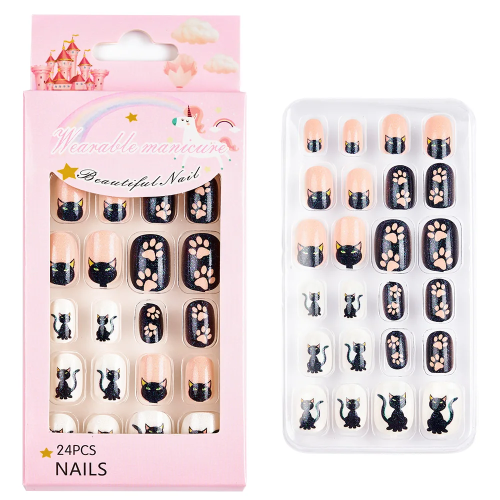 Uñas postizas de dibujos animados para niños, 24 piezas, dulces, cubierta completa, herramientas de manicura bonitas