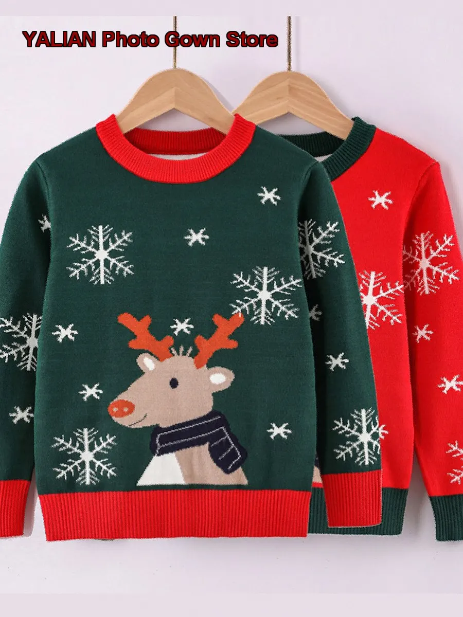 Kids Christmas Boys Autumn Winter Thickened Knit Top Girls Cartoon Base Layer Baby New Year Clothes
