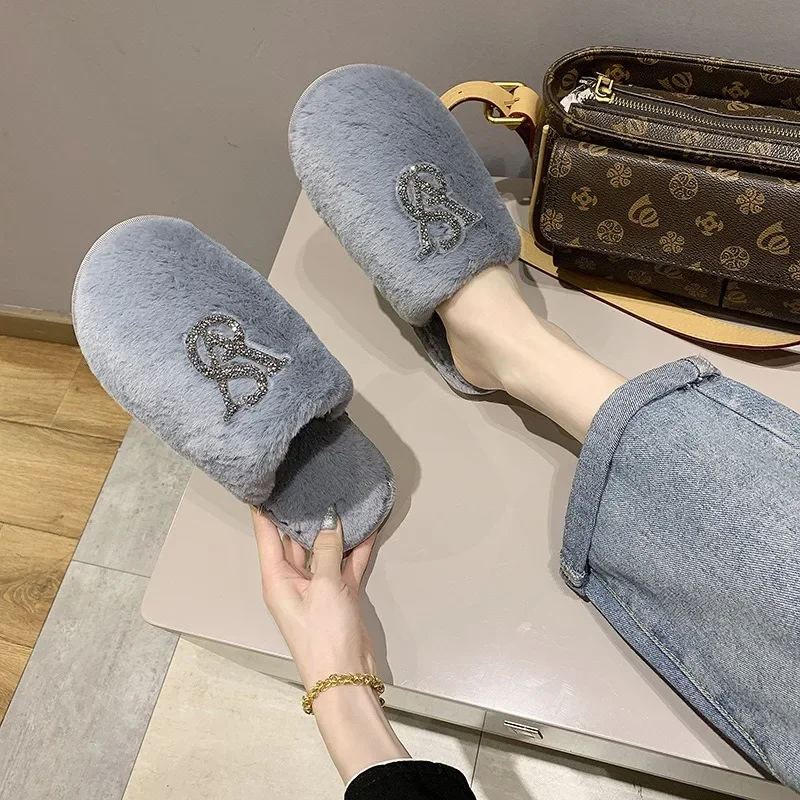 Hairy Cotton Slippers Women Autumn Winter New Warm Footwear Home Bright Diamond Slippers Fashion Outer Wear Women's Flat Shoes