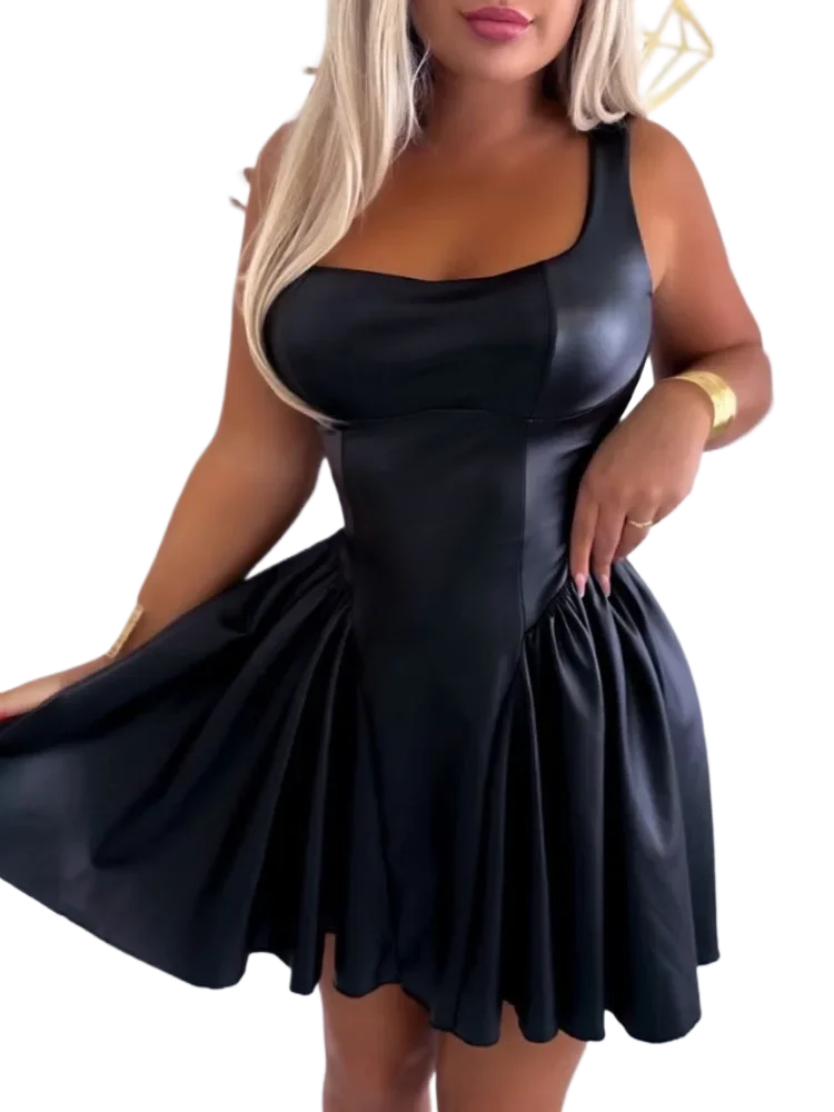 

Women's PU U Neck Spaghetti Strap Ruched Mini Dress Tied Detail A Line Dress