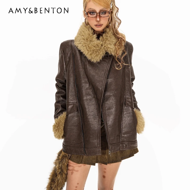 

American Retro Sheepskin Eco-Friendly Fur Women's Coat 2025 Autumn Winter Design Sweet Cool High-End Locomotive Jacket Ladies