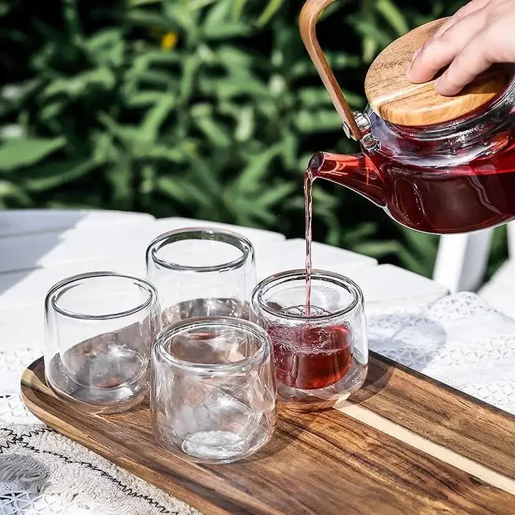 6 Sets / Set Kung Fu Tea Set Transparent Glass Teapot Sets Anti-hot Double Cup Japanese Cold Kettle Wooden pallets Tray set Gift