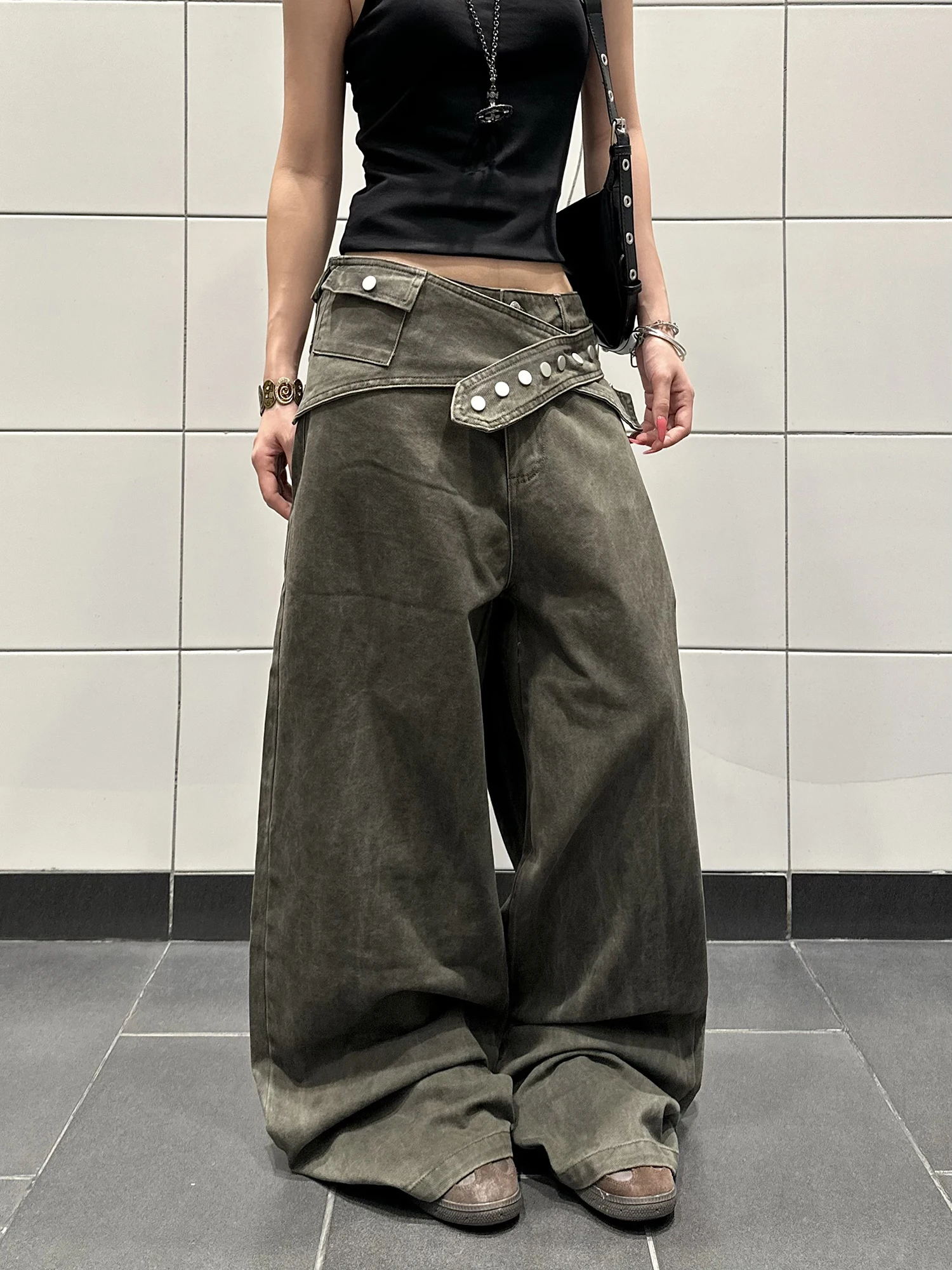 

American Style Cleanfit Straight Leg Work Pants Women's Wide Leg Pants with Waist Bag High Street Long Trousers