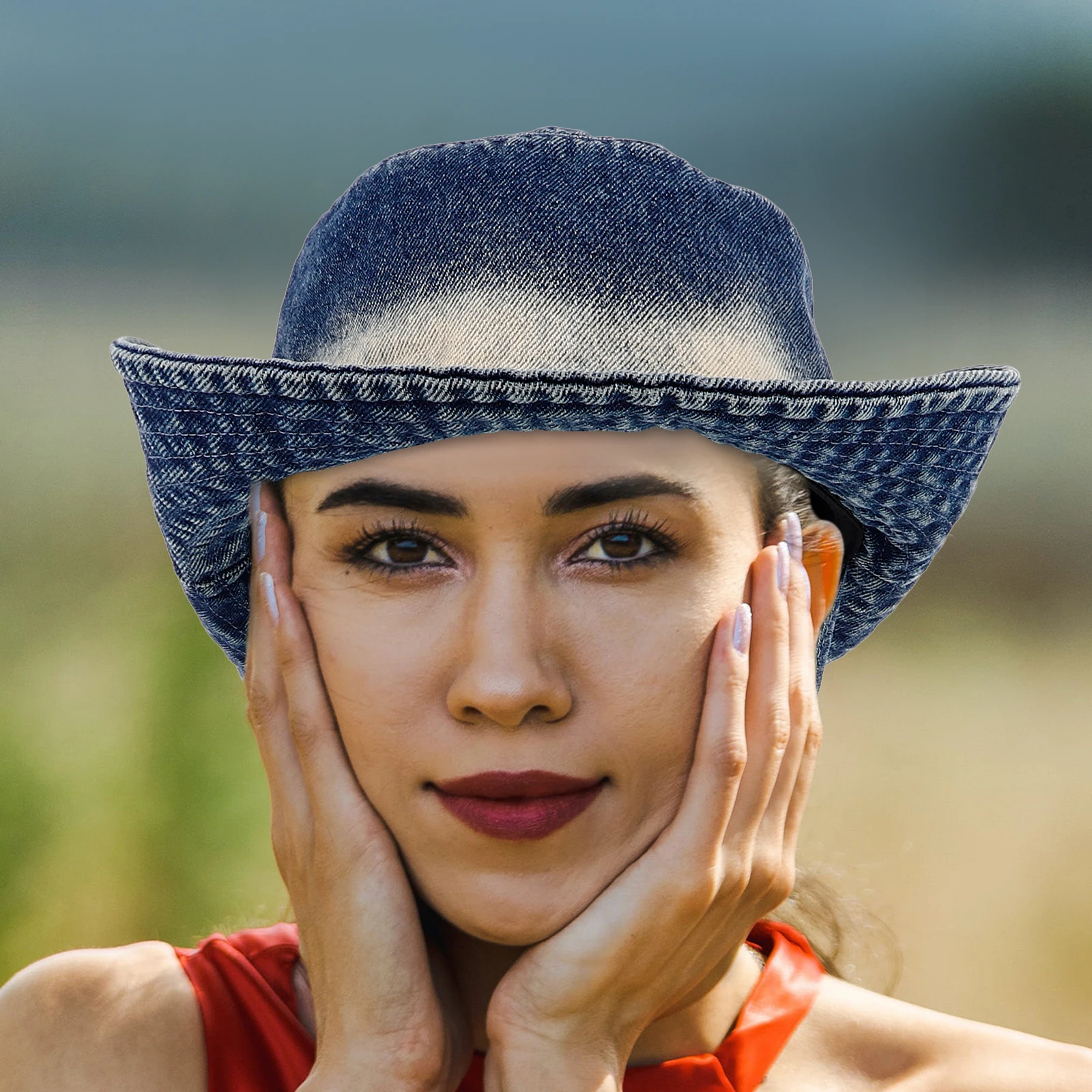 

Cotton Denim Wide Brim Bucket Hat Foldable Packable Sun Hat For Men Women Light Blue Chin Strap Outdoor Hiking Fishing Beach