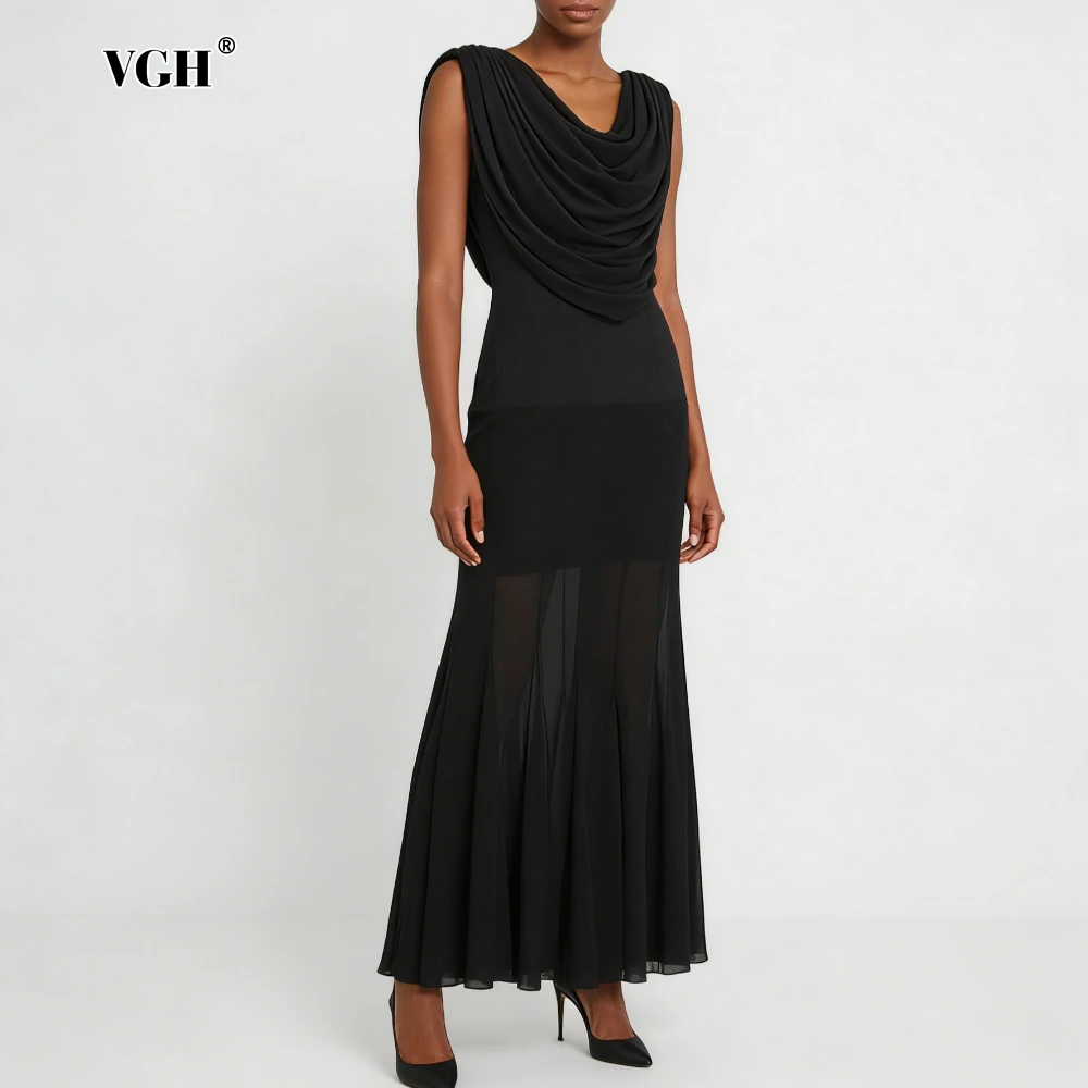 VGH Black Loose Spliced Folds Chic Dresses for Women V Neck Sleeveless Gentle Intellectual Dress Female Summer Fashion New Style