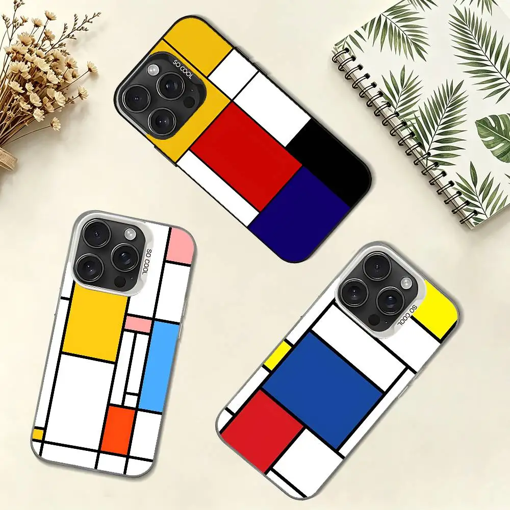 Art P-Piet Mondrian Color Silver Electroplated Shockproof Case For IPhone 17 16 15 14 13 12 11 Pro Max