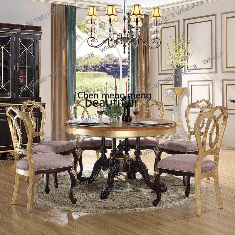

ss7304 French Patched Black and Golden round Dining Table and Chair Solid Wood Vintage Dining Room Furniture High-End Dining Tab