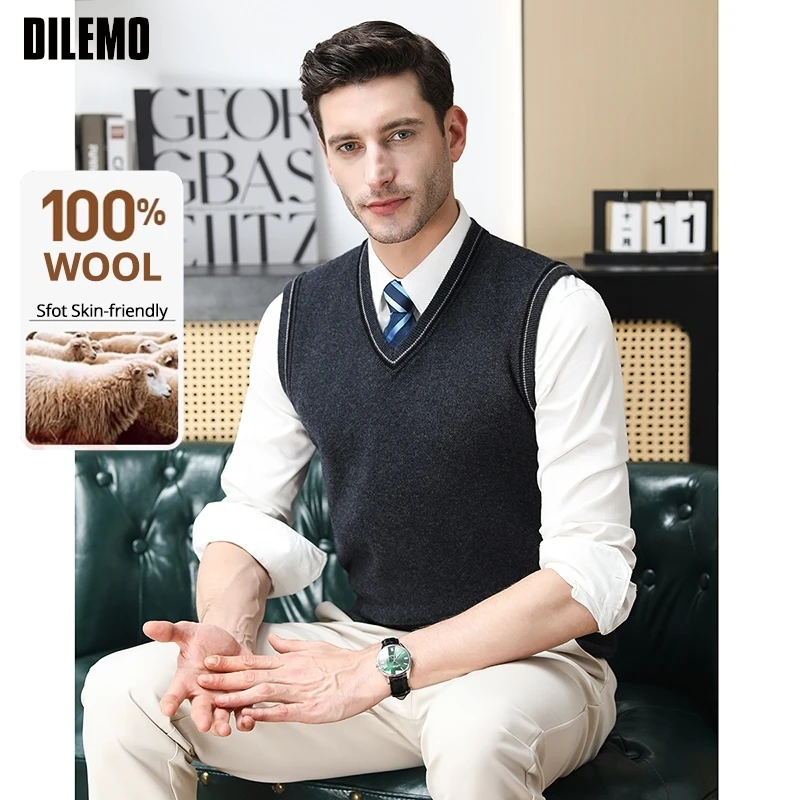 

High End 100% Wool New Autum Winter Fashion Brand Knit Pullover Sweater Vest Slim Fit V-neck Sleeveless Casual Mens Clothing