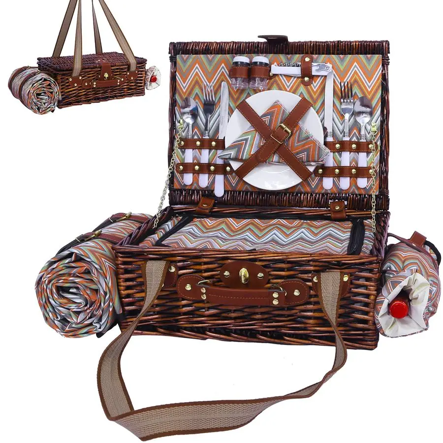 

Wicker Picnic Basket for 2 Boho with Insulated Cooler amp Waterproof Blanket Large Willow Picnic Hamper for Outdoor, Camping, Be