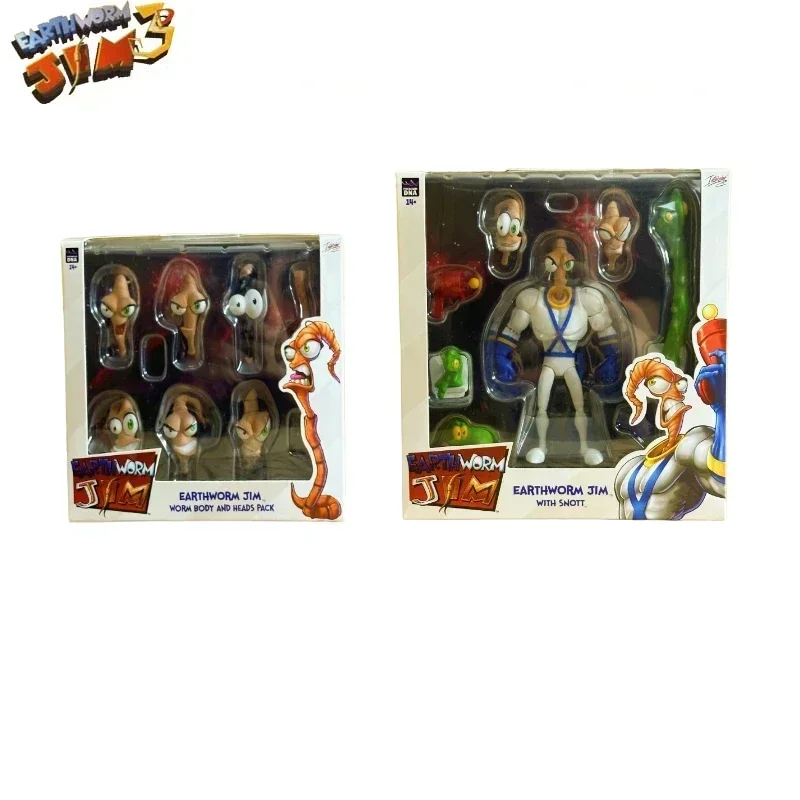 PDNA Earthworm Jim Movable Joint Action Figure EARTHWORM JIM SNOT WORM BODY AND JIM HEADS PACK Figure Model Collect Ornaments