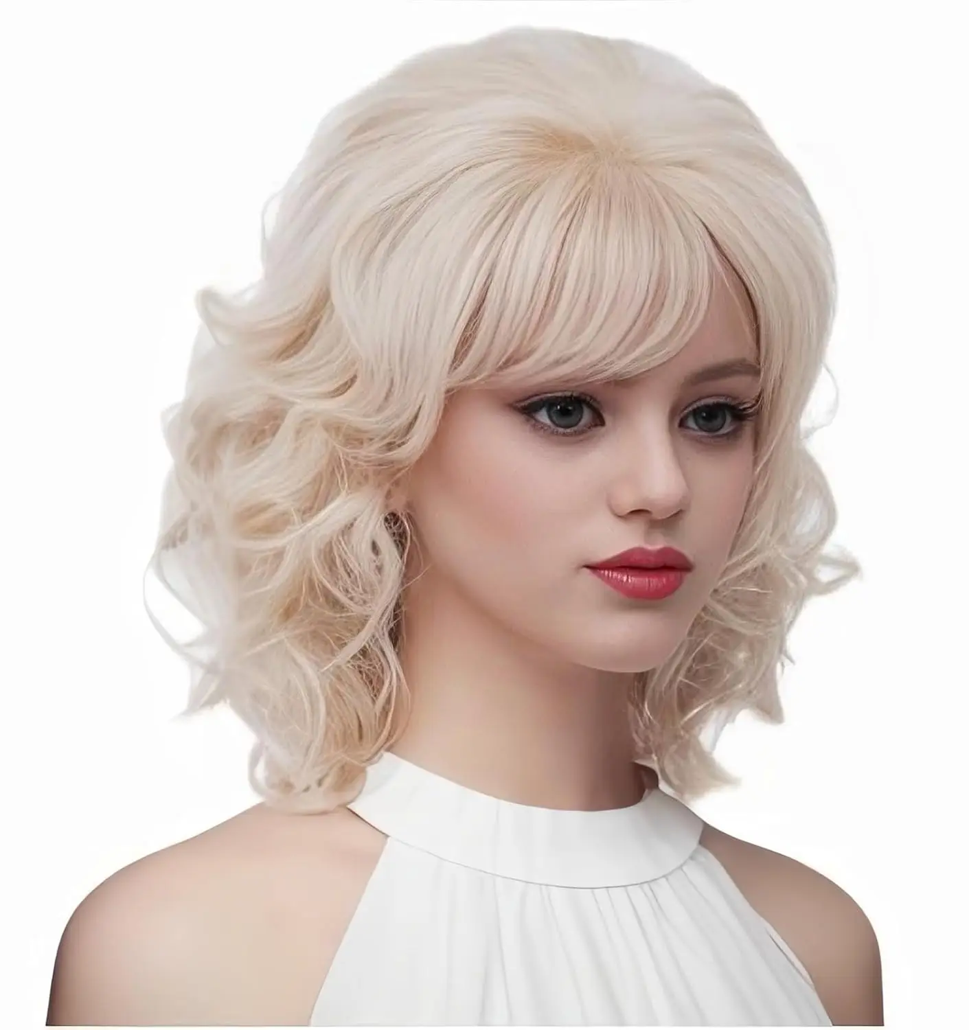 

Retro Blonde Women's Wig 70S 80S Short Curly Hair with Bangs Shoulder Length Synthetic Wig Suitable for Cosplay, Halloween, Daily Use
