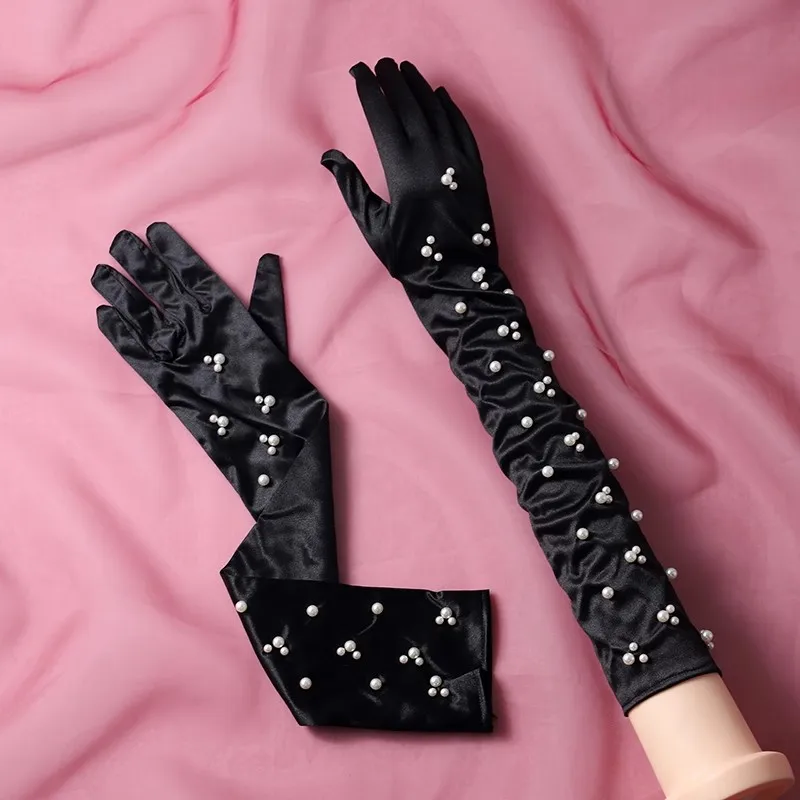 

Женские элегантные эластичные длинные атласные перчатки с жемчугом и бисером, женские весенне-летние солнцезащитные перчатки для танцев, длинные перчатки для вождения R2760