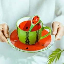 Creative Hand-Painted Watermelon Ceramic Bowl Lovely Fruit Bowl Cartoon Tableware Flatware Set - Plate spoon cup