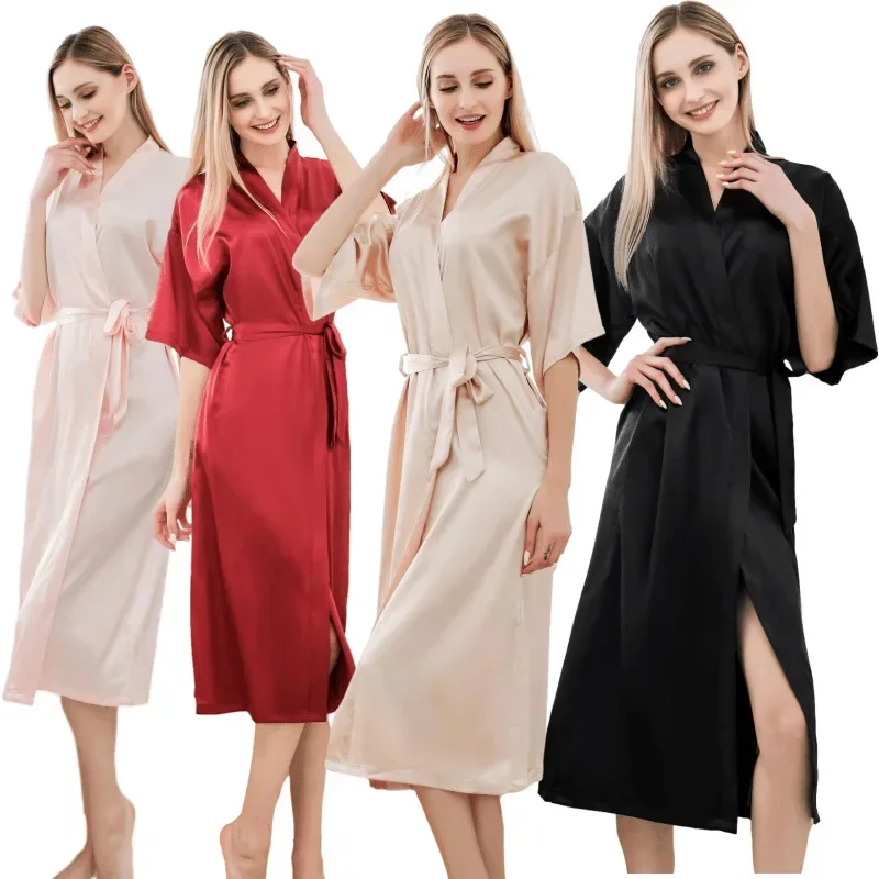 New Solid Color Sexy Long Bathrobe Faux Silk Bathrobe Bathrobe Micro Stretch Robe Ladies Thin Sexy Comfortable Home Bathrobe