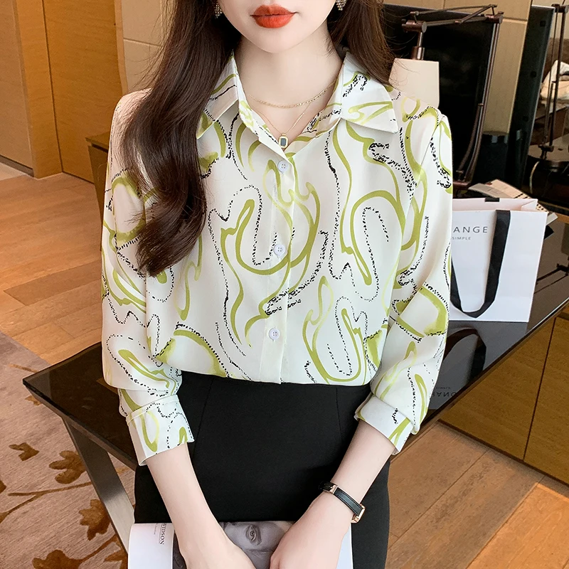 Women Spring Printing Korean Fashion Loose Chiffon All-match Shirts Women Clothes Casual Polo-Neck Long Sleeve Office Lady Tops