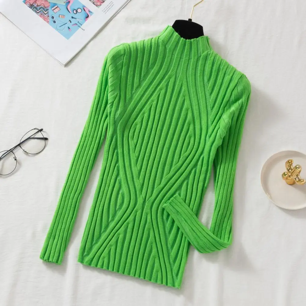 

Women Knitting Tops Half High Collar Long Sleeve Slim Fit Pullover Tops Solid Color Lines Texture Autumn Winter Sweater