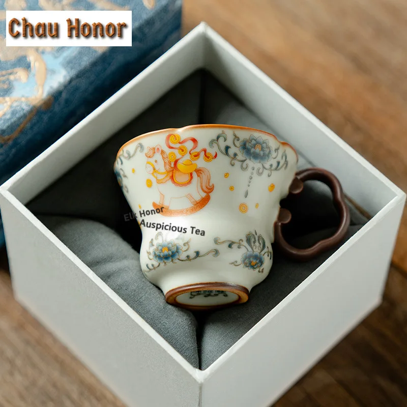

65ml Ru Kiln Stickers Horse Teacup Ancient Tea Bowl Jug Tea-tasting Meditation Cup Chazhan Master Cups Tea Services Accessories