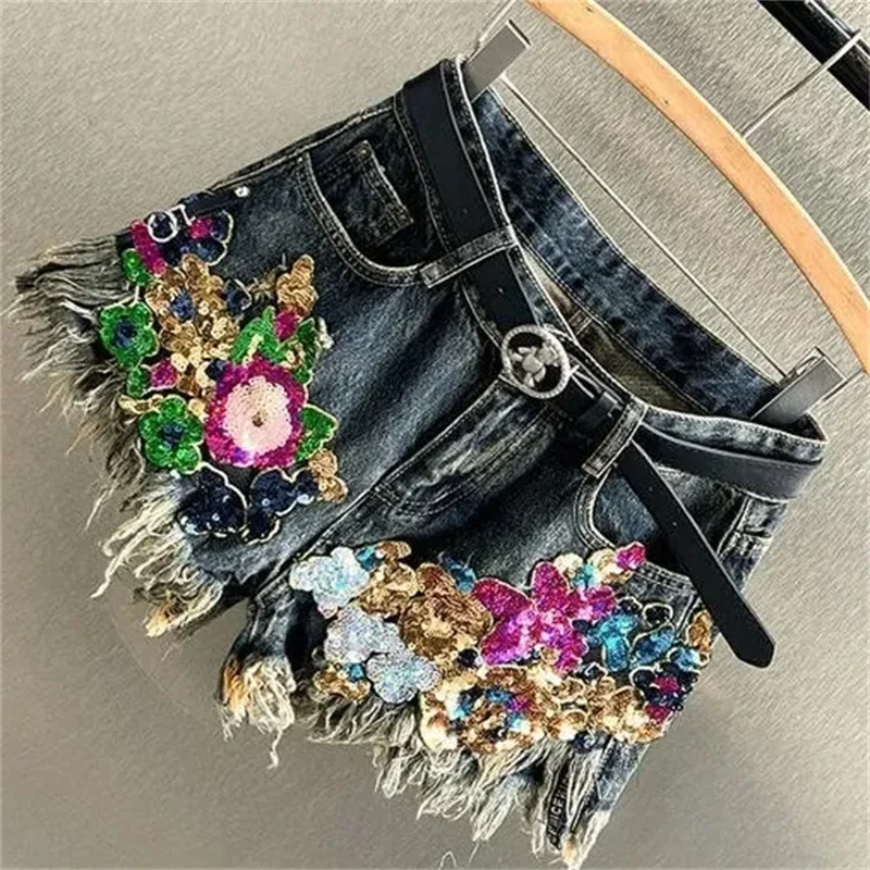 Female Sequin Floral Print Denim Shorts Streetwear Women's Vintage High Waist Wide Leg Short Jeans Female New Shorts XT1009