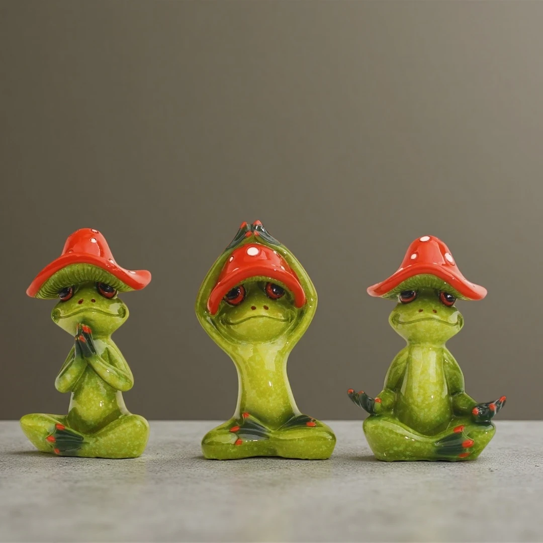 New Creative Mushroom Frog Statue Resin Frog Figurine Rural Style Home Decoration Cartoon Sculpture Dance Studio Ornament