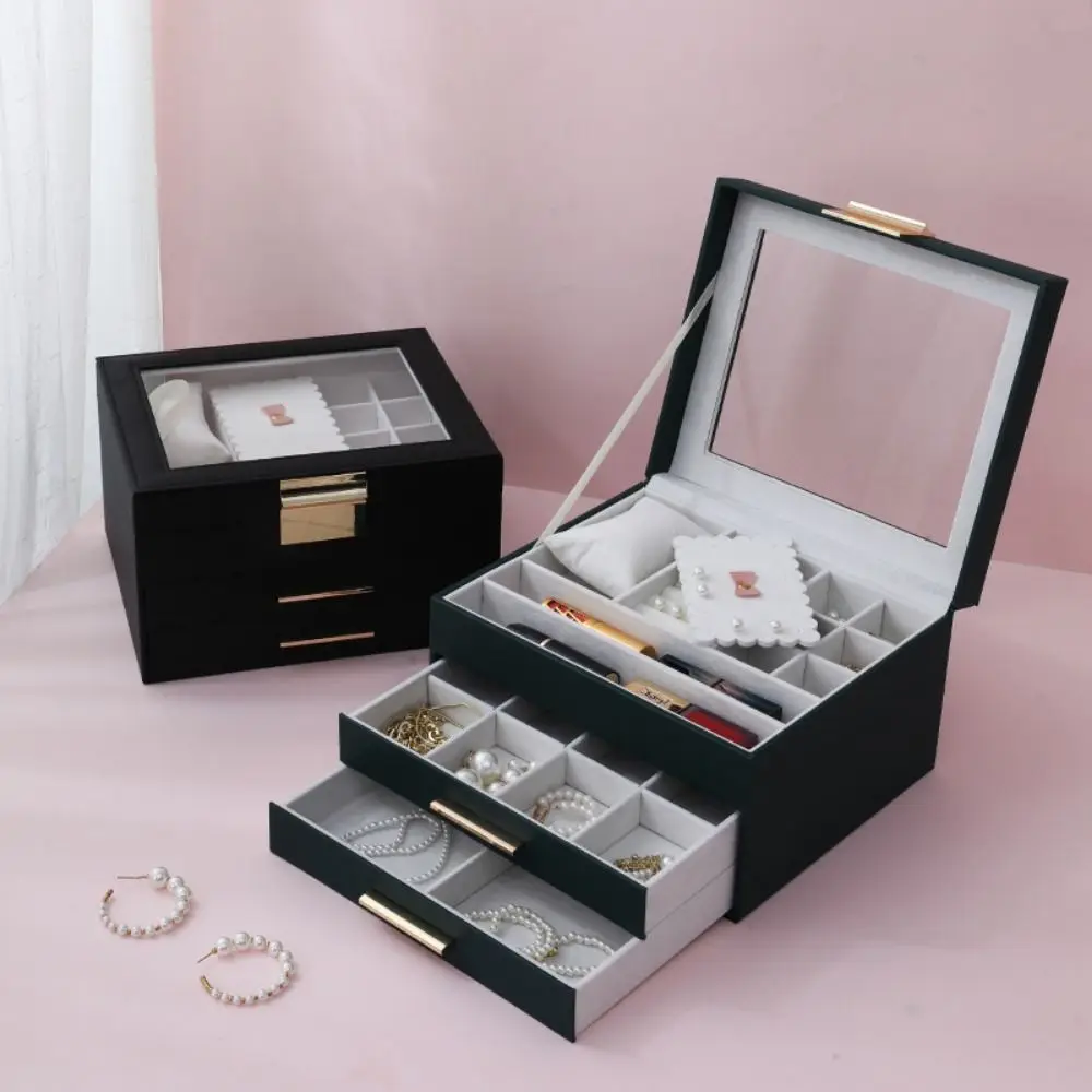 Glass Lid Jewelry Box Modern Style 2 Drawers Necklace Storage Box Multi-Functional 3-Layer Earrings Bracelets Organizer Holder