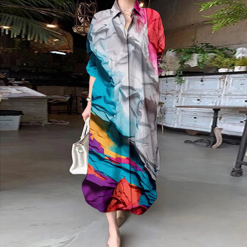 Chic Irregular Rainbow Colour Printed Shirt Neck Dress Women's Casual Long Sleeve Mid-Length Dress Elegant Evening Party Gown