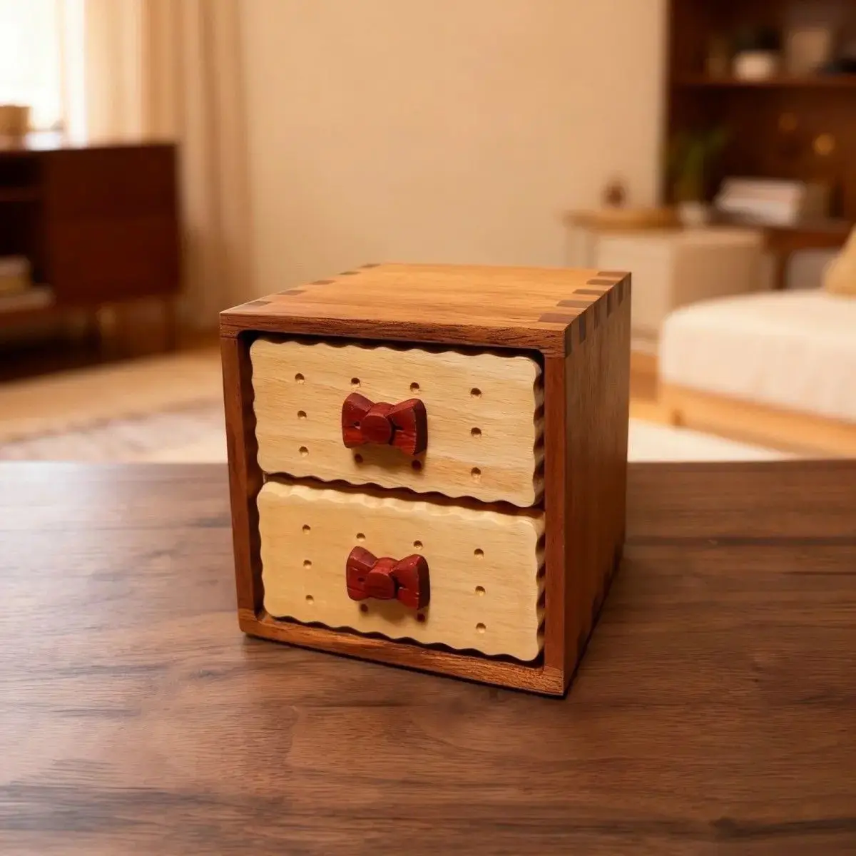 Solid Wood 2-Tier Cute Biscuit Shaped Storage Drawers Desktop Jewelry Small Items Organizer Box With Red Bowknot Handles