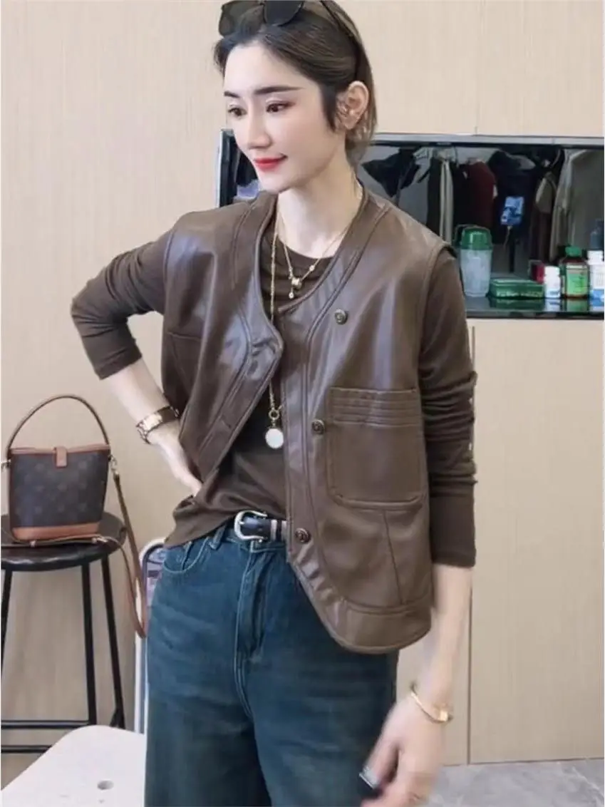 

Fashionable PU Leather Vest Women's Spring Autumn Sleeveless Irregular Design Commute Style round Neck No Brand Registration