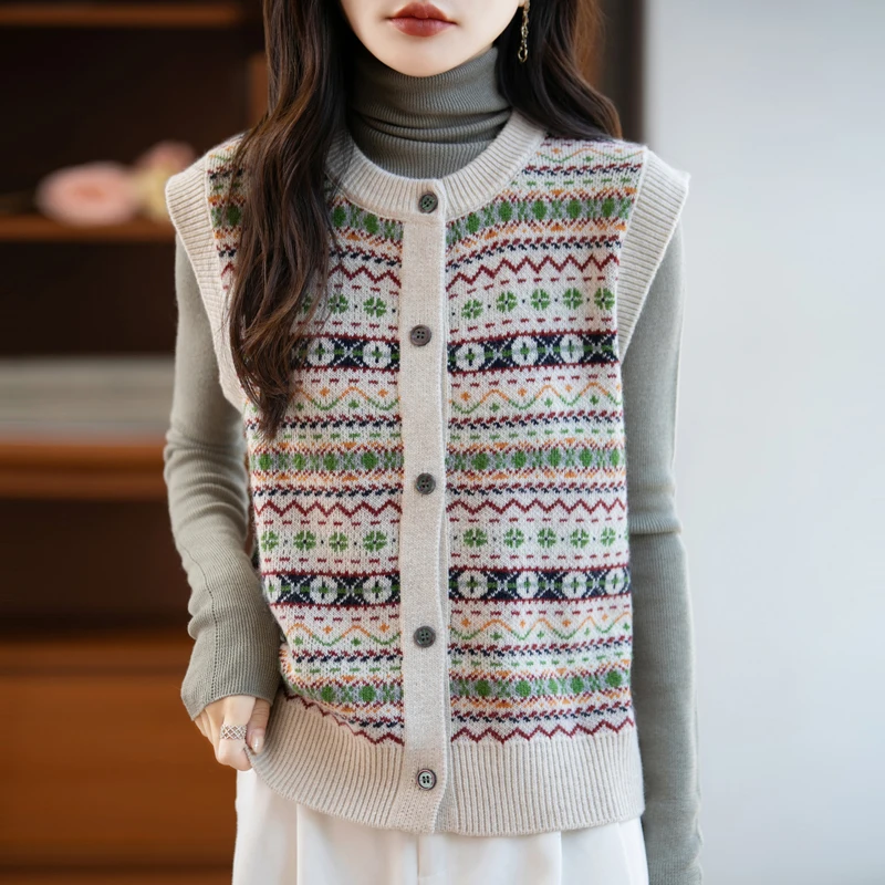 

100% Wool Thickened Jacquard Button Round Neck Women's Vest, Winter Warm Fashion Sleeveless Jacket
