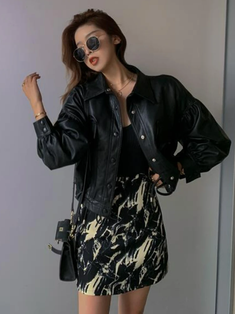 Autumn Vintage Cropped Leather Jacket Women Outwear Loose Thin Biker Jacket Female Korean Style Moto Long Sleeve Top 2022 Summer