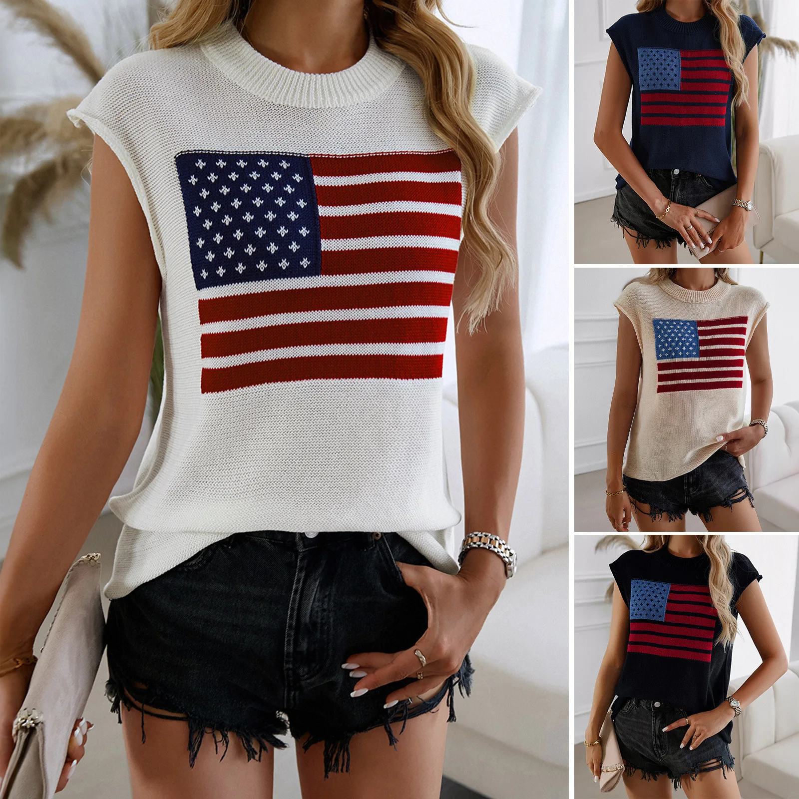 

2025 Spring And Summer European And American Independence Day Tops Casual Versatile Contrasting Sweaters Vest Women's Clothing