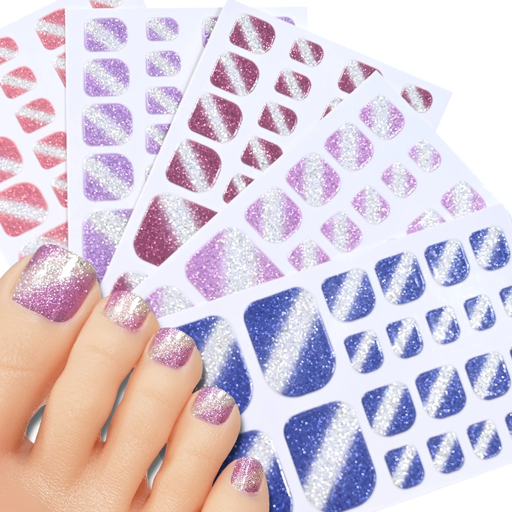 22 embouts/feuille paillettes orteil ongles autocollants ongles des pieds bandes de vernis auto-adhésif bricolage pied décalcomanies été couverture complète orteil ongles enveloppes