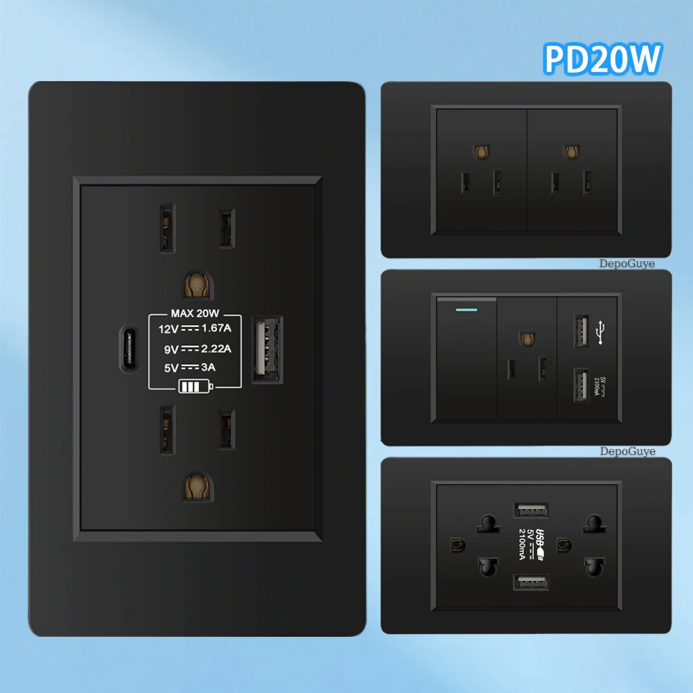 118 Type US Thai Standard USB Type-C Fast Charging Socket, 1 2 3 4 Gang 2 Way Wall Light Switch Panel, Mexico with Dual USB C Ou