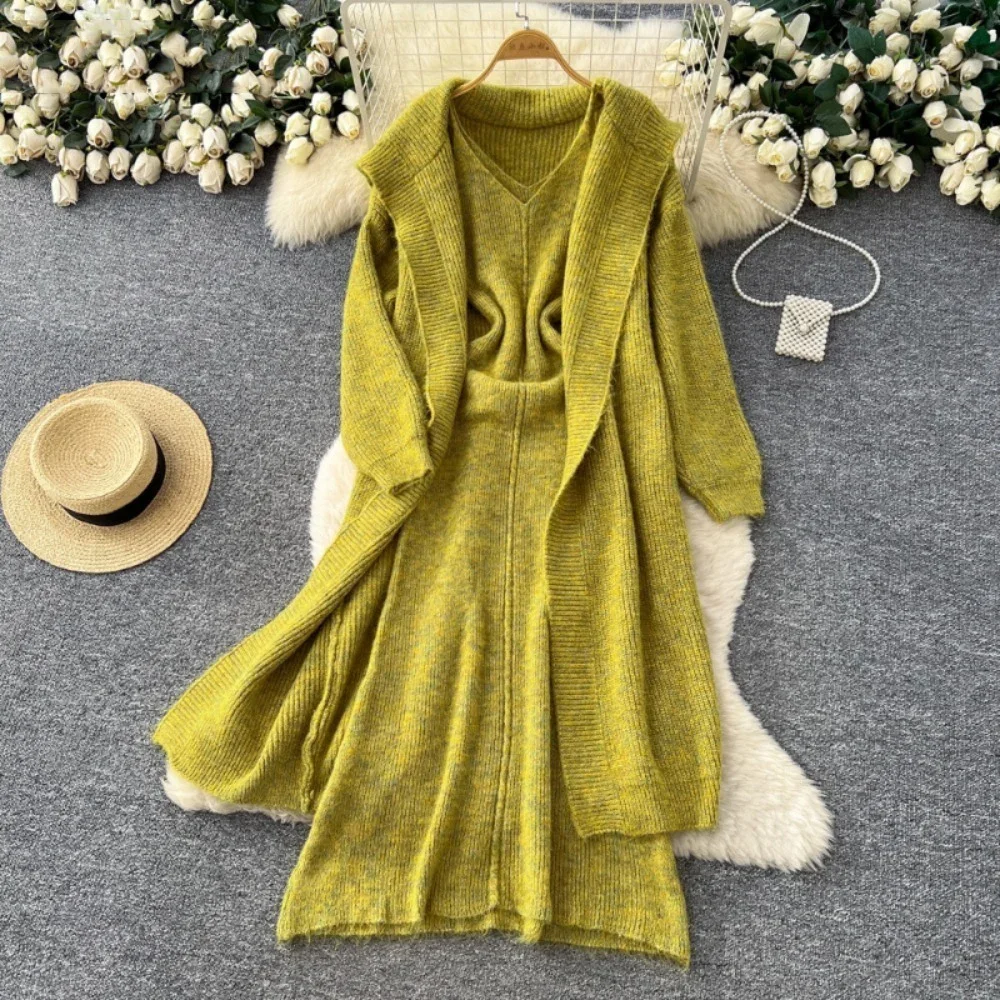 أنيقة فاخرة قطعتين المرأة سليم متماسكة منتصف طول مجموعة فستان بكتافة فضفاضة طويلة الأكمام قسط خمر البدلة مودا سترة