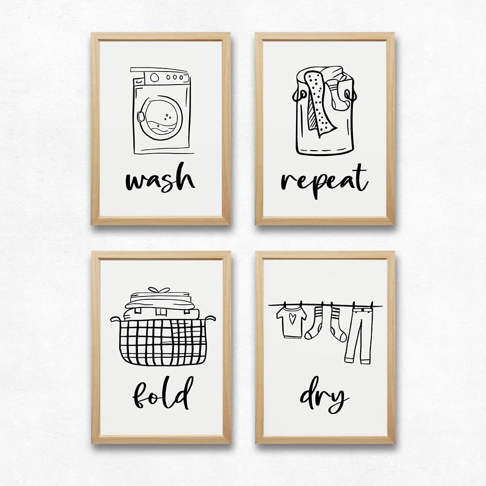 Laundry Sign Wash Dry Fold Repeat Black White Wall Art Print Canvas Painting Nordic Poster And Print Wall Pictures Utility Room