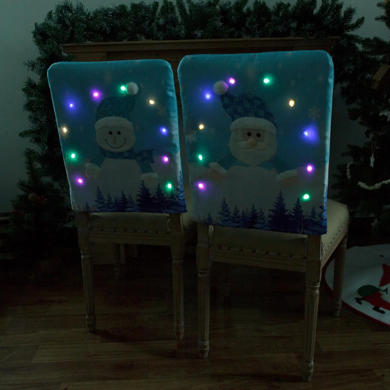 Holiday Chair Back Covers for Christmas Dinner Party Kitchen Decorations Santa Claus Snowman Design Linen Texture