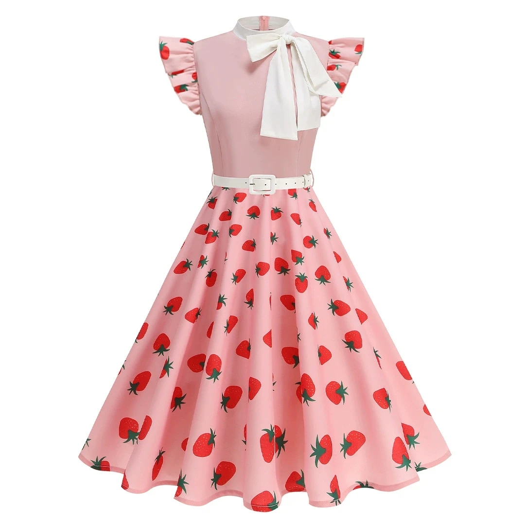 Vestido retro bicolor con cuello ondulado, mangas cortas y lazo, con dobladillo acampanado, ideal para fiestas estilo años 50 y looks de Halloween.