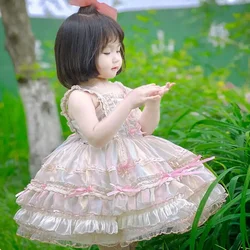 Spanish Vintage Lolita Princess Ball Gown Bow Lace Design Birthday Party Sleeveless Dresses For Girls Easter Eid A1461