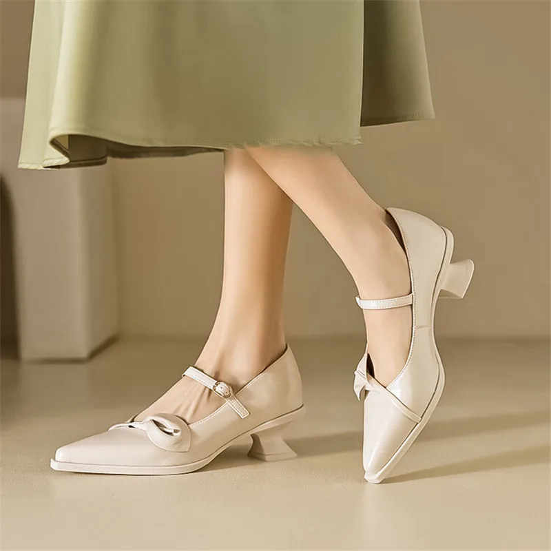 New Spring Split Leather Women Shoes Pointed Toe Women Pumps Shallow Loafers Shoes for Women High Heels Ladies Mary Jane Shoes