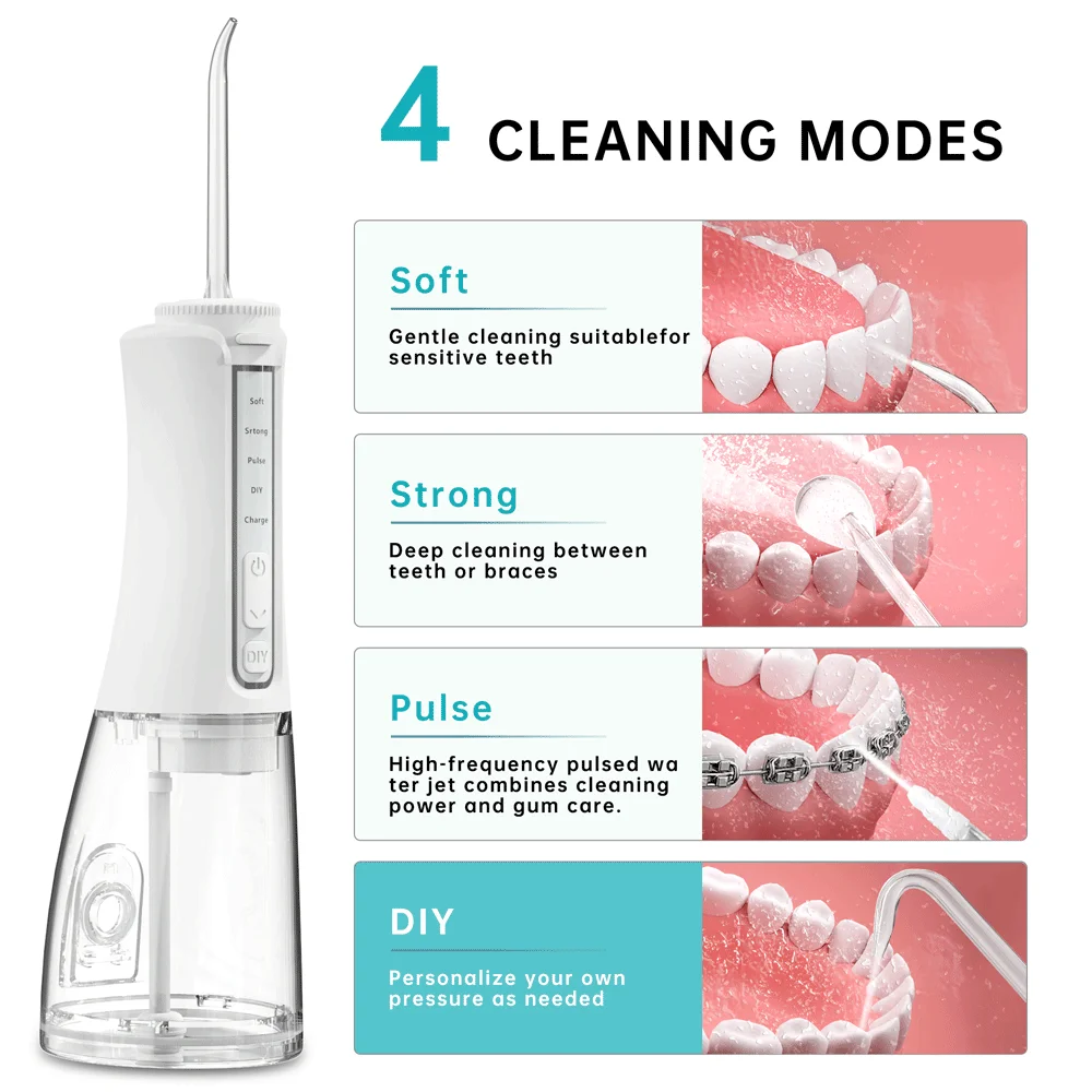 Portable Oral Irrigator 4 Modes Teeth Cleaner Dental Water Flosser Rechargeable 300ml Tank Water Jet Floss Tooth Pick 5 Jet Tip