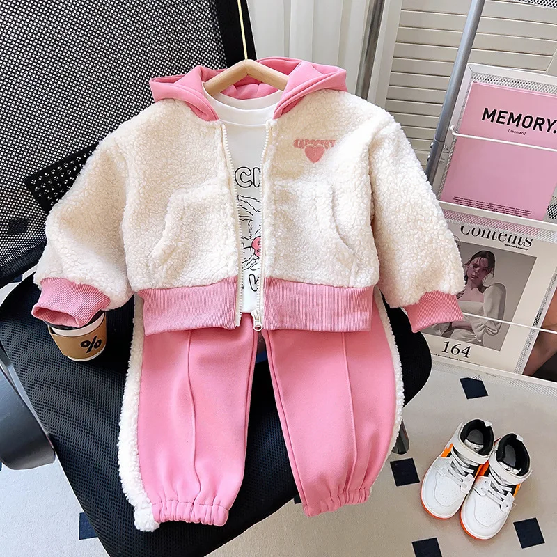 

Children's New Winter Fashion Set for Girls, Stylish and Elegant Hooded Fleece-Lined Thickened Sweatshirt and Casual Pants, Warm