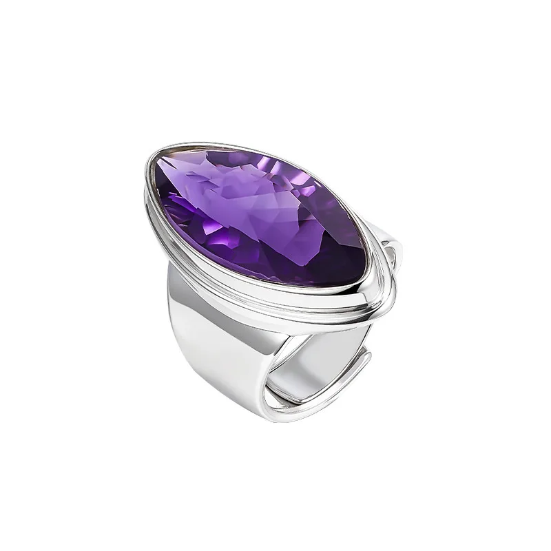Natural Amethyst Gemstone 925 Sterling Silver Wide Band Smooth Marquise Ring Daily Gala Luxury Fine Jewelry For Men And Women