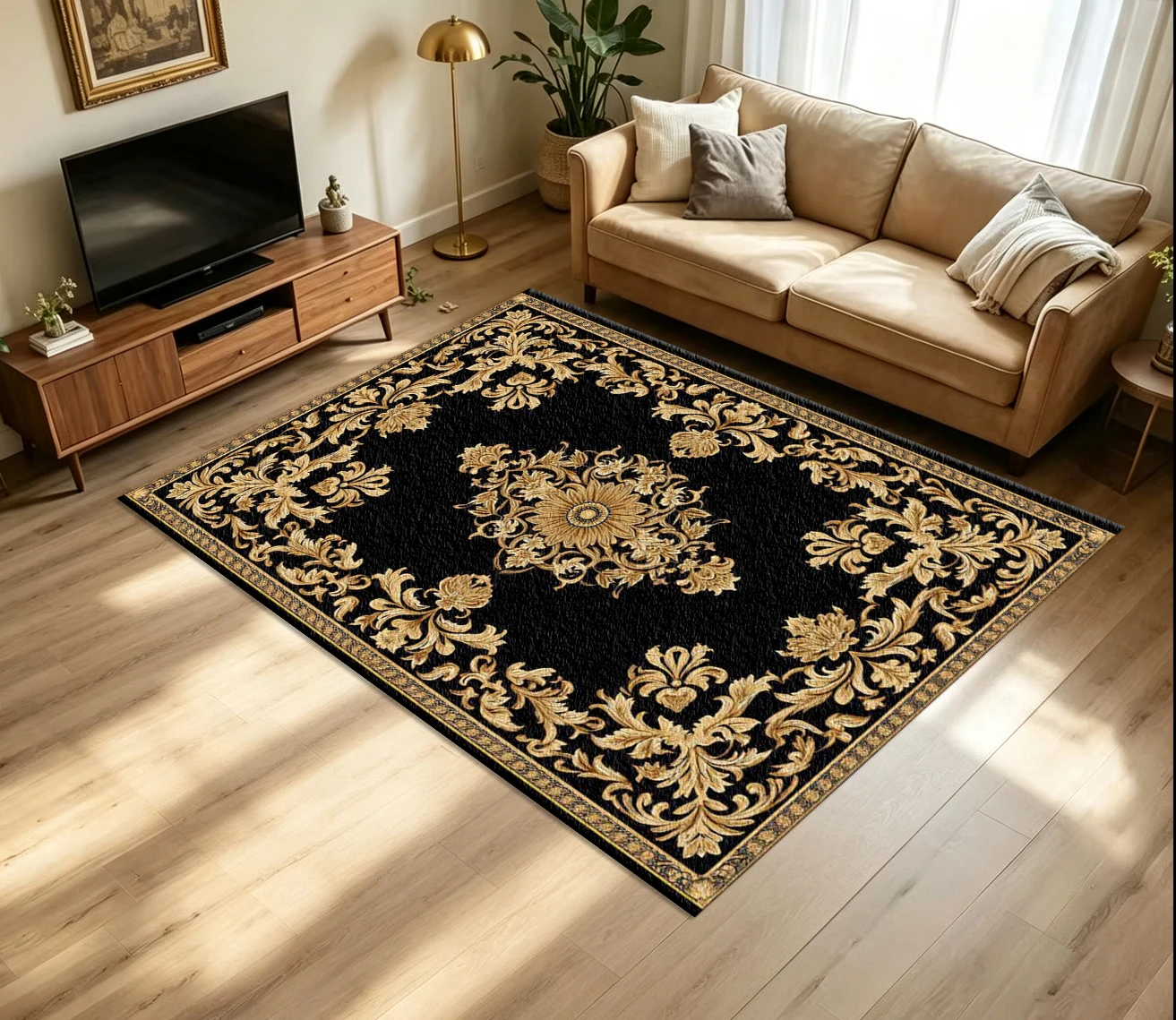 Luxury Black Gold European Baroque Carpet Flooring Vintage Ornate Scroll Floral Medallion Border Printed Floor Rug for Household Living Space Home Decor
