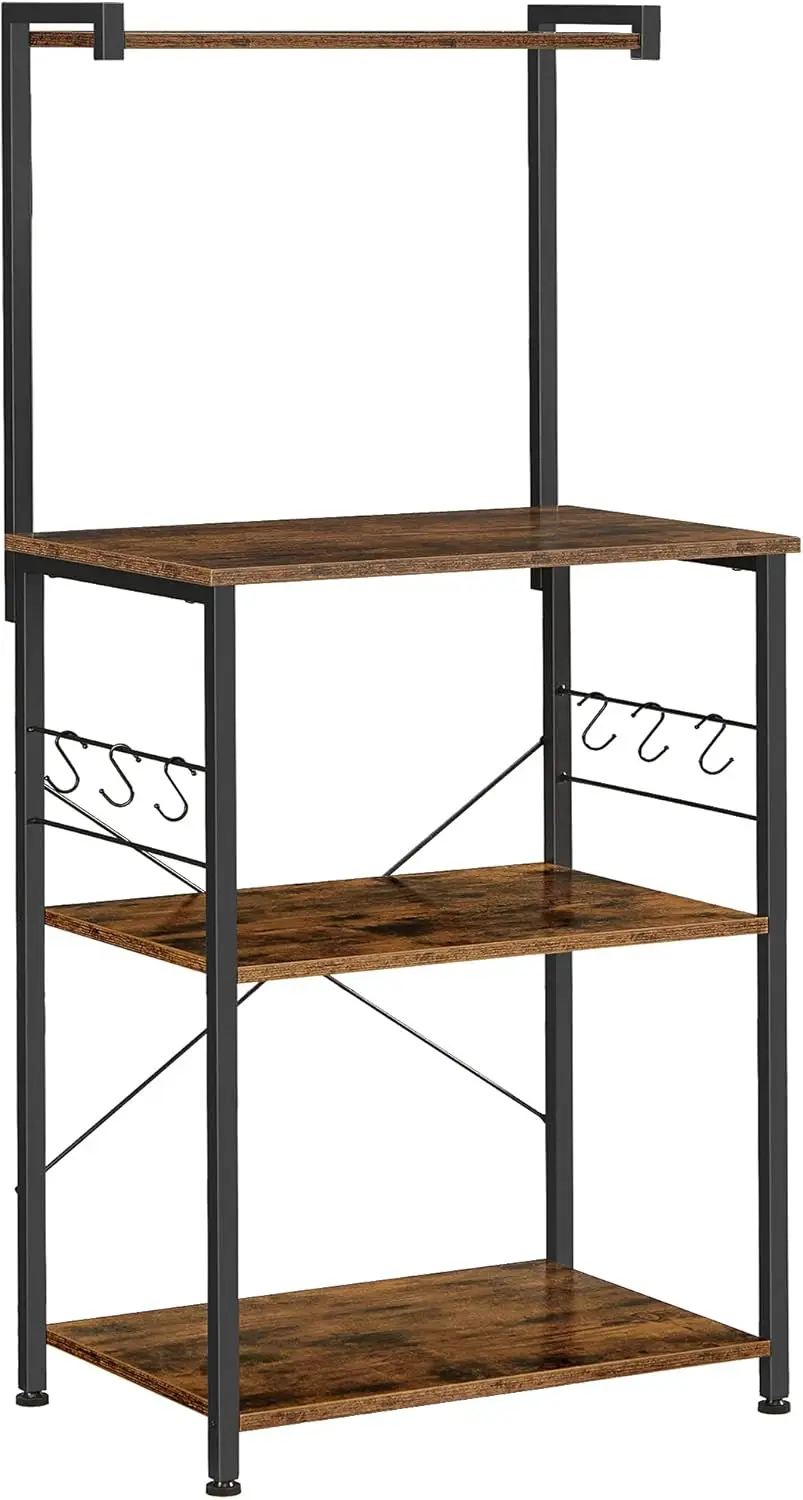 Vasagle Kitchen Storage, Bakers Rack, Coffee Bar, 3-Tier Shelf, 6 S-Hooks, For Microwave, Spice Jars, Pots And Pans,