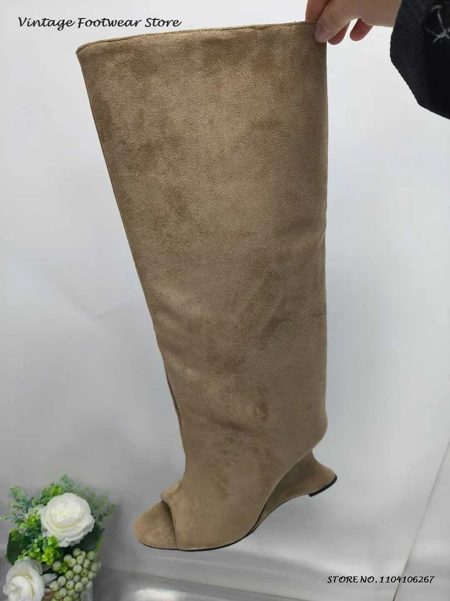 Strange Style High Heel Summer Boots Solid Peep Toe Wedges Knee-High Boots Spring Concise Fashion Design Slip-on Plus SIze Boots